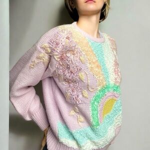 VTG 80s Jaclyn Smith Pastel Sweater Lilac Beaded Fairycore Barbiecore M